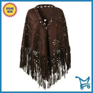 Faux Suede Fringe Poncho Wrap Shawl Scarf Cardigan Oversized 53x75